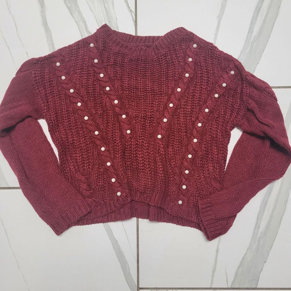 Burgundy Pearl Cable Knit Cottagecore Grandpa Sweater Cozy Fall Knit